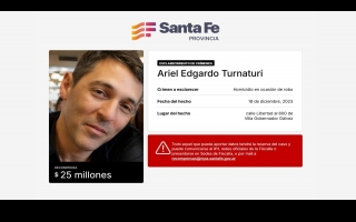 Provincia actualizó a $25 millones la recompensa para esclarecer el crimen de Ariel Turnaturi