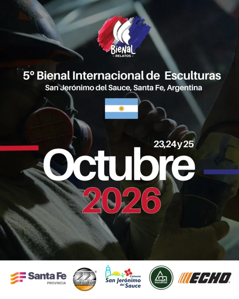 Afiche promocional de la 5° Bienal Internacional de Esculturas, bajo el lema 'Relatos', a realizarse en la localidad de San Jerónimo del Sauce, Santa Fe, Argentina. El diseño presenta de fondo la fotografía en primer plano de un escultor trabajando con casco de protección y máscara respiratoria. En el centro destaca la bandera argentina y las fechas del evento en letras grandes: '23, 24 y 25 de Octubre 2026'. En la parte inferior, sobre un fondo blanco, se ubican los logotipos institucionales y de los auspiciantes: Gobierno de la Provincia de Santa Fe, la Comuna de San Jerónimo del Sauce, Munditol y ECHO.