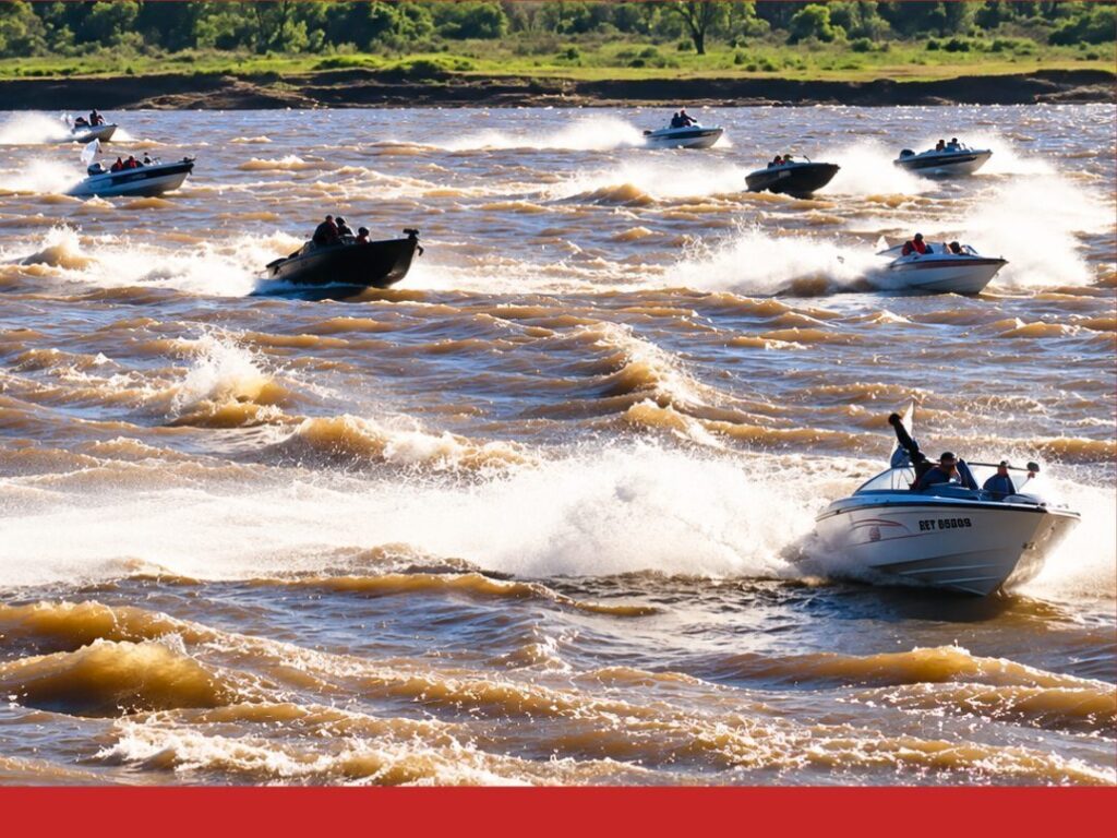 Lanchas rápidas avanzan sobre un río de aguas marrones, levantando espuma y olas. Al fondo se ve la ribera verde con árboles. En la parte inferior aparece un banner rojo con el texto: 'Reconquista se prepara para el surubí – 5 días de pesca, shows y actividades.