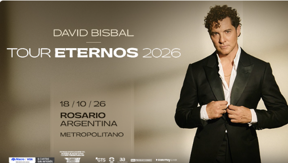 Flyer de David Bisbal – Tour Eternos 2026. El cantante se presentará el 18 de octubre de 2026 en el Metropolitano de Rosario, Argentina. La imagen muestra a Bisbal vestido con un traje negro sobre un fondo en tonos beige.