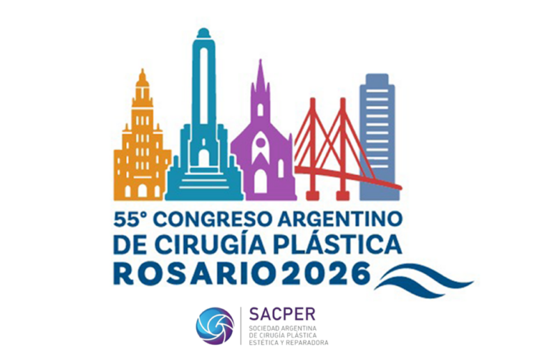 Logotipo oficial del 55° Congreso Argentino de Cirugía Plástica Rosario 2026. En la parte superior, se muestra una ilustración estilizada y colorida con las siluetas de edificios y monumentos emblemáticos de la ciudad de Rosario. Debajo de la ilustración, se lee el texto en letras azules: '55° CONGRESO ARGENTINO DE CIRUGÍA PLÁSTICA ROSARIO 2026', acompañado por unas líneas onduladas que simulan agua en la esquina inferior derecha. En la base, se incluye el logo circular y el nombre de la institución organizadora: 'SACPER - Sociedad Argentina de Cirugía Plástica, Estética y Reparadora.
