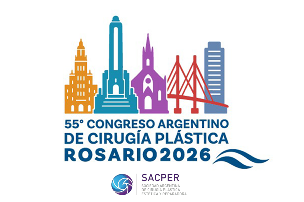 Logotipo oficial del 55° Congreso Argentino de Cirugía Plástica Rosario 2026. En la parte superior, se muestra una ilustración estilizada y colorida con las siluetas de edificios y monumentos emblemáticos de la ciudad de Rosario. Debajo de la ilustración, se lee el texto en letras azules: '55° CONGRESO ARGENTINO DE CIRUGÍA PLÁSTICA ROSARIO 2026', acompañado por unas líneas onduladas que simulan agua en la esquina inferior derecha. En la base, se incluye el logo circular y el nombre de la institución organizadora: 'SACPER - Sociedad Argentina de Cirugía Plástica, Estética y Reparadora.