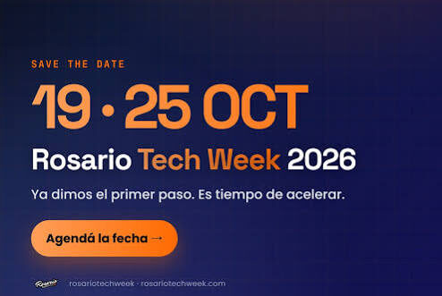 Folleto promocional de la Rosario Tech Week 2026, programada del 19 al 25 de octubre. El diseño presenta un fondo azul oscuro con un degradado en la esquina superior derecha en tono naranja e iluminación suave. En el centro se destaca la fecha en un tamaño grande de color naranja junto al texto de invitación Save the date, seguido del nombre del evento en tipografía blanca y naranja, y el lema Ya dimos el primer paso. Es tiempo de acelerar.. En la parte inferior incluye un botón naranja con el texto Agendá la fecha → y los datos de sus redes y sitio oficial.
