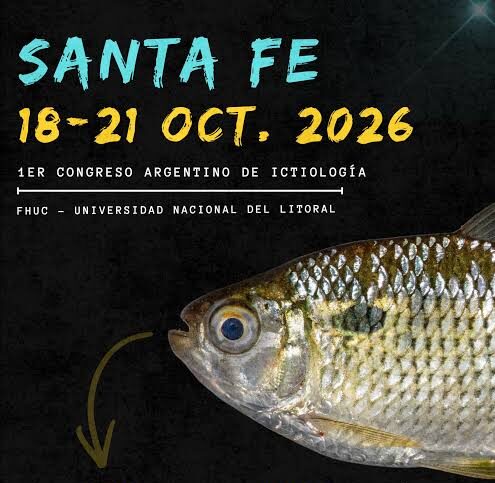 Folleto promocional del 1er Congreso Argentino de Ictiología, programado del 18 al 21 de octubre de 2026 en la FHUC - Universidad Nacional del Litoral (Santa Fe). El diseño presenta un fondo negro, tipografías en celeste y amarillo, la imagen en detalle de un pez de río con escamas brillantes, el logotipo oficial CAI 2026 y el usuario de Instagram @caictiologia2026.